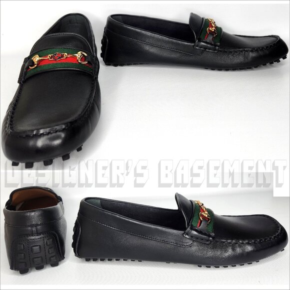 GUCCI mens 12.5 black AYRTON leather Horsebit DOUBLE G WEB Driver Moccasin shoes - Picture 6 of 12
